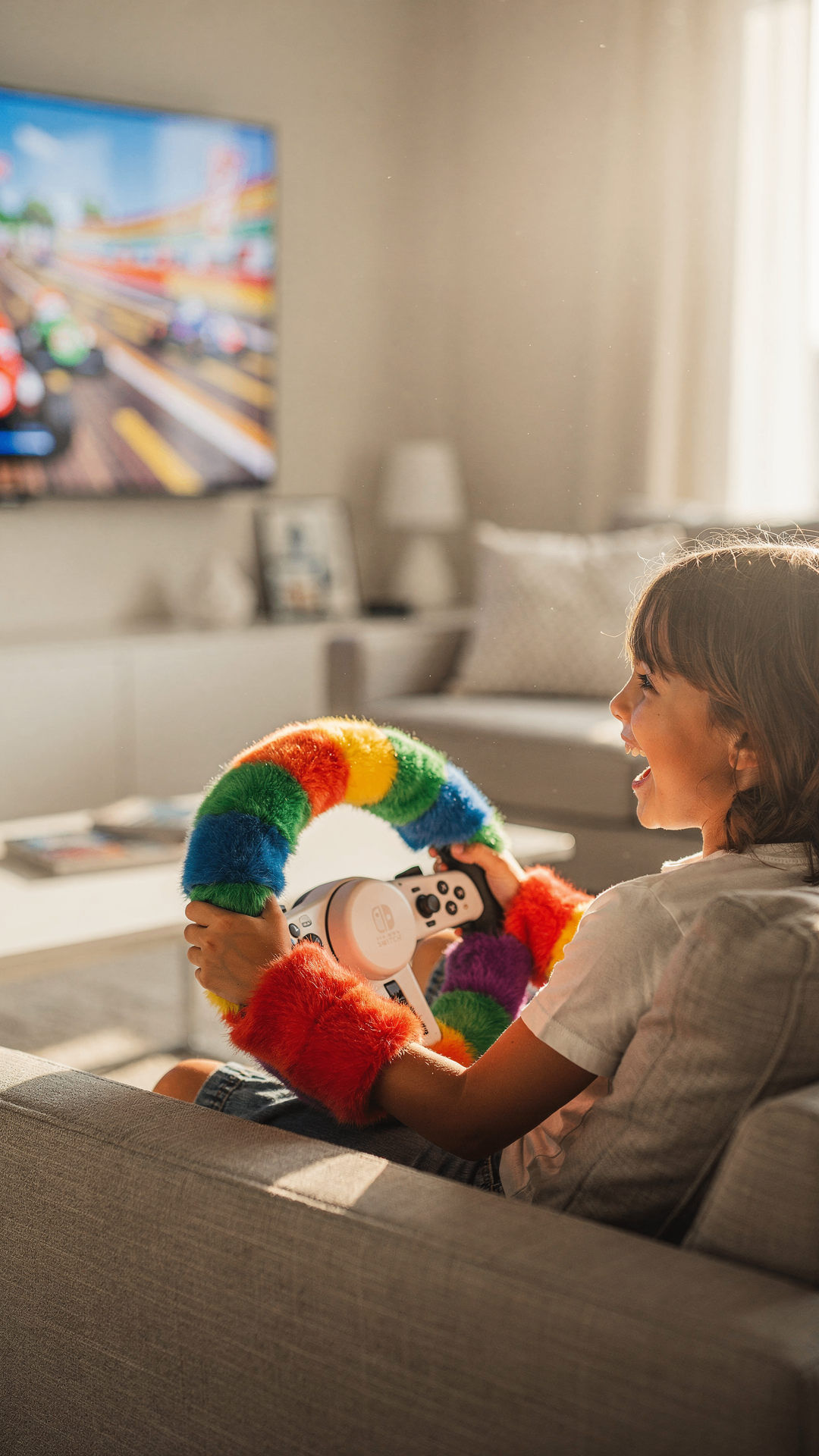 Kind spielt Nintendo Switch Mario Kart mit Regenbogen-Lenkradbezug