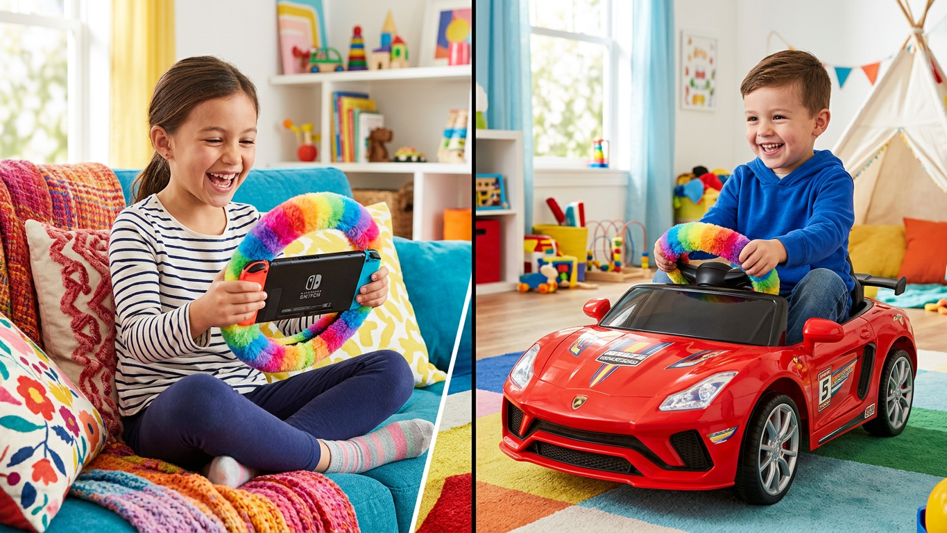 Kinder mit flauschigem Lenkradbezug auf Switch und Elektroauto