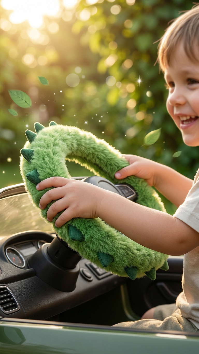 Kind fährt Elektroauto mit grünem Dino-Lenkradbezug